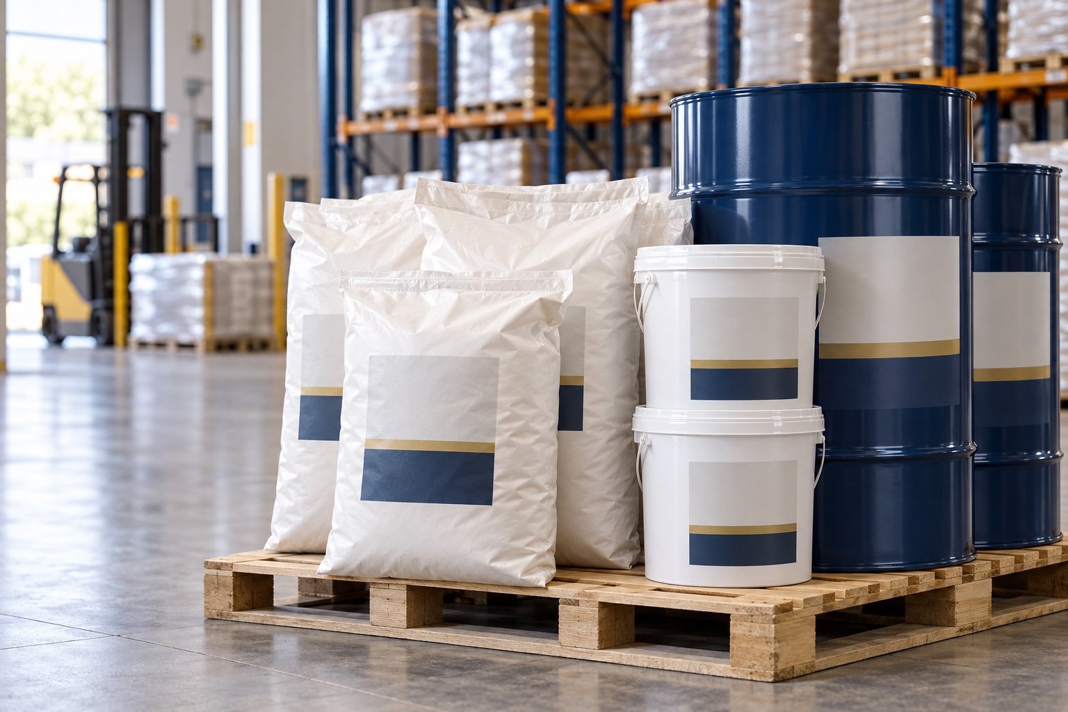 Sealed manufacturer-style bags, pails and drums of performance additives ready for wholesale dispatch